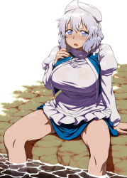 Rule 34 | 1girl, blue dress, blue eyes, blue vest, blush, breasts, cover, cover page, cropped vest, dress, hand up, hat, highres, itou yuuji, juliet sleeves, large breasts, legs, letty whiterock, long sleeves, open clothes, open mouth, open vest, plump, puffy sleeves, shirt, short hair, silver hair, sitting, skirt, soaking feet, solo, spread legs, sweat, thighs, touhou, vest, water, white shirt