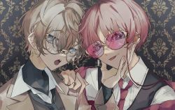 Rule 34 | 2boys, bishounen, black shirt, brown eyes, brown hair, coat, collared shirt, ear piercing, glasses, hand up, highres, indoors, iroa xxxx, looking at viewer, male focus, multiple boys, necktie, open mouth, original, piercing, pink eyes, pink hair, shirt, short hair, sunglasses, tinted eyewear, tongue, tongue out, upper body, vest, wall, wallpaper (object), white shirt