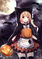 Rule 34 | 1girl, :d, animal, animal ears, animal hood, apron, bat (animal), black bow, black cape, black gloves, black thighhighs, blush, bow, cape, commentary, crystal, english commentary, fake animal ears, flandre scarlet, frilled apron, frills, full moon, gloves, glowing, halloween, halloween bucket, highres, holding, hood, hood up, hooded cape, jack-o&#039;-lantern, kashiwagi yamine, light brown hair, long hair, looking at viewer, moon, night, night sky, one side up, open mouth, orange shirt, orange skirt, pleated skirt, red eyes, shirt, skirt, sky, smile, solo, star (sky), starry sky, thighhighs, touhou, waist apron, white apron, white bow, wings