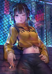 Rule 34 | 1girl, absurdres, against fence, against wall, ahoge, black pants, blue eyes, breasts, brown hair, chain-link fence, cigarette, commentary request, cropped jacket, cyberpunk, fence, hand on own hip, headphones, highres, huge filesize, jacket, joints, looking at viewer, medium breasts, mr.lime, navel, neon lights, one eye closed, original, pants, robot joints, science fiction, short hair with long locks, smoke, smoking, solo, turtleneck, turtleneck jacket, wireless, yellow jacket