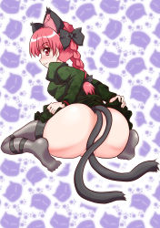 Rule 34 | 1girl, absurdres, animal ears, ass, black thighhighs, braid, cat ears, cat girl, cat tail, censored, convenient censoring, extra ears, female focus, highres, kaenbyou rin, kairakuen umenoka, looking back, multiple tails, no panties, pussy, red eyes, red hair, solo, tail, thighhighs, touhou, twin braids