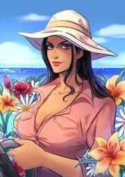 Rule 34 | 1girl, black hair, blue eyes, commentary, ellie mehl, english commentary, eyelashes, flower, hat, highres, holding, long hair, looking at viewer, nico robin, ocean, one piece, pink shirt, purple nails, shirt, sidelocks, smile, solo, upper body