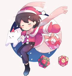 Rule 34 | 1other, animal, annoying dog, black footwear, black pants, blush, boots, box, brown hair, christmas, closed eyes, closed mouth, dog, frisk (undertale), full body, gift, gift bag, gift box, gloves, hat, long sleeves, night, night sky, pants, red gloves, red shirt, santa costume, santa hat, shirt, short hair, sky, snowing, undertale, white background, white bag, xox xxxxxx