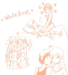 Rule 34 | ..., 2girls, arm grab, artist name, blanket, blush, cheek-to-cheek, english text, closed eyes, floral print, girl on top, heads together, kuma (bloodycolor), monochrome, multiple girls, pillow, ruby rose, rwby, scar, scar across eye, scar on face, scarf, shared clothes, shared scarf, sleep mask, straddling, weiss schnee, yuri