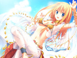 1girl, :d, akira (139931), anklet, arm up, bangs, bikini, blonde hair, blue eyes, blue sky, bracelet, breasts, cape, choker, cloud, commentary request, cowboy shot, dancer (ragnarok online), day, dutch angle, gem, hair between eyes, harem pants, jewelry, leg up, long hair, looking at viewer, medium breasts, midriff, navel, necklace, ocean, open mouth, outdoors, pants, ragnarok online, red cape, see-through, sequins, shawl, sky, smile, solo, swimsuit, waist cape, water, white pants, yellow bikini