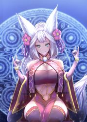 Rule 34 | 1girl, alternate costume, animal ears, bandeau, blue background, bracelet, breasts, brooch, cleavage, curvy, detached sleeves, double fox shadow puppet, erune, flower, fox ears, fox shadow puppet, fox tail, gollizo, granblue fantasy, green eyes, grin, hair flower, hair ornament, highres, jewelry, large breasts, magic circle, midriff, narrow waist, pelvic curtain, sitting, smile, societte (granblue fantasy), solo, tail, tassel, thighhighs, white hair, wide sleeves