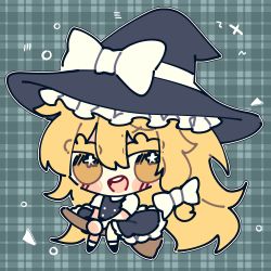 Rule 34 | 1girl, absurdres, apron, black dress, black footwear, blonde hair, blush, bow, broom, broom riding, chibi, commentary, dress, frilled dress, frills, full body, green background, hair between eyes, hair bow, hat, hat bow, highres, kirisame marisa, long hair, looking at viewer, mangi5000, messy hair, open mouth, plaid, plaid background, puffy short sleeves, puffy sleeves, shoes, short sleeves, smile, socks, solo, symbol-only commentary, teeth, thick eyebrows, touhou, upper teeth only, waist apron, white bow, white socks, witch hat, yellow eyes