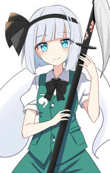 Rule 34 | 1girl, black bow, black bowtie, black hairband, bow, bowtie, closed mouth, e.o., ghost, green eyes, green skirt, green vest, hairband, highres, holding, holding sword, holding weapon, konpaku youmu, konpaku youmu (ghost), looking at viewer, shirt, short sleeves, skirt, smile, solo, sword, touhou, upper body, vest, weapon, white shirt