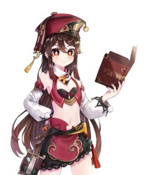 Rule 34 | 1girl, bare shoulders, black skirt, blush, book, brown hair, commentary, cosplay, cowboy shot, crop top, detached sleeves, genshin impact, highres, holding, holding book, hu tao (genshin impact), long hair, long sleeves, midriff, miniskirt, miyako draw, navel, pom pom (clothes), red eyes, red headwear, simple background, skirt, smile, solo, standing, stomach, very long hair, white background, yanfei (genshin impact), yanfei (genshin impact) (cosplay)