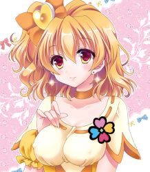 Rule 34 | 00s, 1girl, bow, breasts, brown eyes, choker, closed mouth, collarbone, cure pine, earrings, fresh precure!, hair between eyes, hair bow, hair ornament, heart, heart hair ornament, jewelry, looking at viewer, magical girl, medium breasts, okayashi, orange bow, orange choker, orange hair, precure, short hair, side ponytail, smile, solo, upper body, wrist cuffs, yamabuki inori