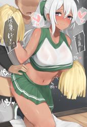 Rule 34 | 1boy, 1girl, bare shoulders, baseball uniform, blush, borrowed character, breasts, character request, cheerleader, closed mouth, clothes pull, crop top, dark-skinned female, dark skin, green shirt, green skirt, hair between eyes, heart, hetero, highres, holding, holding pom poms, large breasts, long hair, looking back, midriff, miniskirt, navel, no bra, nose blush, on one knee, original, pants, pants pull, pleated skirt, pom pom (cheerleading), pom poms, ponytail, purple eyes, sex, sex from behind, shirt, shoes, skirt, sleeveless, sleeveless shirt, smile, speed lines, sportswear, standing, standing sex, sweat, thighs, torso grab, towel, underboob, uniform, uwabaki, very long hair, wavy mouth, white hair, zijou