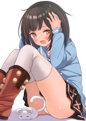 Rule 34 | 1girl, ass, black hair, blouse, boots, breasts, cowering, granblue fantasy, hands on own head, hekomii, looking at viewer, medium breasts, medium hair, mouse (animal), open mouth, panties, pantyshot, red eyes, shirt, sitting, skirt, solo, thighhighs, thighs, underwear, vikala (granblue fantasy), white background, white thighhighs