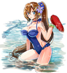 Rule 34 | 1girl, alternate eye color, alternate hairstyle, android, beret, blue eyes, blue one-piece swimsuit, blush, bracelet, breasts, brown hair, casual one-piece swimsuit, cleaning, cleavage, commentary request, female focus, flower, frilled swimsuit, frills, hair between eyes, hair flower, hair ornament, hat, unworn hat, unworn headwear, high ponytail, iris (mega man), jewelry, joints, kiwakiwa, large breasts, long hair, one-piece swimsuit, parted lips, ponytail, robot joints, mega man (series), mega man x (series), solo, sparkle, swimsuit, very long hair, water
