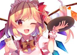 Rule 34 | 1girl, ;d, alternate costume, blonde hair, blush, bow, chisiro unya (unya draw), crystal, cup, enmaided, fang, flandre scarlet, hat, holding, looking at viewer, maid, maid headdress, mob cap, one eye closed, open mouth, puffy short sleeves, puffy sleeves, red eyes, shirt, short sleeves, smile, solo, touhou, tray, upper body, white background, wings, wrist cuffs