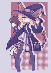 Rule 34 | 1girl, 57 dayo, animal ears, arknights, black collar, black hair, black jacket, black thighhighs, blonde hair, blush stickers, book, boots, cat ears, cat girl, cat tail, chain, collar, cuffs, dress, ears through headwear, grey background, grey dress, hand on headwear, hat, haze (arknights), highres, holding, holding book, jacket, jitome, long sleeves, medium hair, open clothes, open jacket, red eyes, shackles, sidelocks, simple background, solo, standing, tail, thighhighs, two-tone background, witch hat, yellow eyes