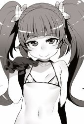 Rule 34 | 1girl, bad id, bad twitter id, bare shoulders, bikini, character request, choker, closed mouth, flat chest, gloves, greyscale, hair ornament, hand up, looking at viewer, micro bikini, monochrome, navel, precure, smile, solo, swimsuit, tasaka shinnosuke, twintails, unmoving pattern, upper body