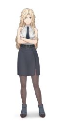 Rule 34 | 1girl, absurdres, black eyes, black footwear, black necktie, black pantyhose, black skirt, collared shirt, commentary request, crossed arms, durian12, forehead, full body, highres, hornet (kancolle), kantai collection, light brown hair, long hair, looking at viewer, necktie, pantyhose, parted bangs, pencil skirt, shirt, shoes, sidelocks, simple background, skirt, sleeveless, smile, solo, standing, white background