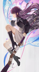 Rule 34 | 1girl, absurdres, black coat, blunt bangs, boots, breasts, closed mouth, coat, dress, fern (sousou no frieren), full body, hidulume, high heel boots, high heels, highres, holding, holding staff, large breasts, long hair, purple eyes, purple hair, sidelocks, solo, sousou no frieren, staff, straight hair, white dress