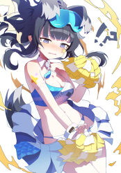 Rule 34 | 1girl, absurdres, animal ears, black hair, blue archive, blush, breasts, cheerleader, cleavage, dog ears, facial mark, goggles, goggles on head, hibiki (blue archive), hibiki (cheer squad) (blue archive), highres, liyom, long hair, medium breasts, millennium cheerleader outfit (blue archive), navel, open mouth, panties, pleated skirt, pom pom (cheerleading), purple eyes, simple background, skirt, solo, underwear, white background