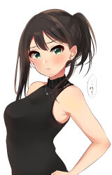 Rule 34 | 1girl, absurdres, alternate hairstyle, bare shoulders, black shirt, blush, bra, bra peek, breasts, brown hair, dot nose, earrings, from side, green eyes, hand on own hip, highres, idolmaster, idolmaster cinderella girls, idolmaster cinderella girls starlight stage, jewelry, long hair, looking at viewer, medium breasts, murabito c, necklace, parted lips, pink bra, shibuya rin, shirt, short ponytail, shy, simple background, sleeveless, sleeveless shirt, sleeveless turtleneck, solo, speech bubble, translated, turtleneck, underwear, upper body, white background