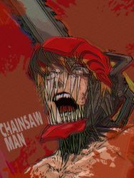 Rule 34 | 1boy, blonde hair, blood, blood on face, blood splatter, blurry, chainsaw, chainsaw man, chromatic aberration, denji (chainsaw man), highres, looking up, open mouth, red background, sharp teeth, short hair, simple background, solo, teeth, topless male, transformation, tumubar117