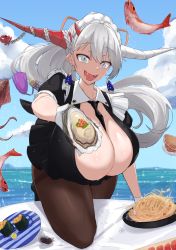 Rule 34 | 1girl, absurdres, apron, asymmetrical horns, azur lane, bent over, between breasts, black necktie, black skirt, breasts, brown pantyhose, center opening, cleavage, fangs, fish, food, gloves, grey eyes, grey hair, hair on horn, hakuryuu (azur lane), hakuryuu (slice dice and serve) (azur lane), highres, holding, holding food, holding plate, horns, huge breasts, long hair, looking at viewer, microskirt, mismatched horns, multiple horns, necktie, necktie between breasts, noe (ppppriver), official alternate costume, on one knee, open mouth, outdoors, pantyhose, plate, red horns, short sleeves, skirt, slit pupils, smile, solo, summer, sword, sword behind back, thighband pantyhose, very long hair, water, weapon, white apron, white gloves, white horns