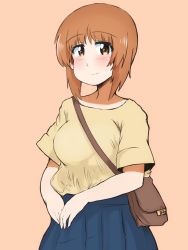 Rule 34 | 1girl, bag, blue skirt, blush, brown eyes, brown hair, carrying, casual, closed mouth, commentary, girls und panzer, handbag, highres, looking at viewer, nishizumi miho, pleated skirt, shirt, short hair, short sleeves, simple background, skirt, smile, solo, t-shirt, v arms, wacha otoko, yellow shirt