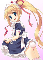 apron ass blonde_hair blue_eyes clothes_lift dress dress_lift hair_ribbon homing_(areya) long_hair maid maid_apron maid_headdress original panties ponytail ribbon smile solo thighhighs underwear very_long_hair wrist_cuffs