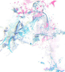 Rule 34 | 1girl, abstract, aqua hair, bad id, bad pixiv id, boots, chromatic aberration, closed mouth, collared shirt, full body, hair between eyes, hair ornament, hatsune miku, limited palette, long hair, long sleeves, looking at viewer, meola, necktie, paint splatter, pink eyes, shirt, simple background, skirt, smile, solo, tagme, thigh boots, thighhighs, twintails, very long hair, vocaloid, white background, white footwear, white thighhighs, zettai ryouiki