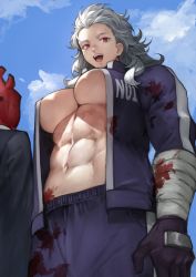 Rule 34 | 1boy, 1girl, abs, absurdres, bad id, bad twitter id, breasts, dorohedoro, gloves, grey hair, highres, large breasts, long hair, long sleeves, looking at viewer, muscular, muscular female, navel, noi (dorohedoro), open mouth, red eyes, shin (dorohedoro), smile, yoshio (55level)