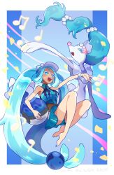 Rule 34 | 1girl, :d, aqua eyes, aqua hair, arutarika (ri kaoekaki), ball, bare arms, barefoot, beachball, bright pupils, colored eyelashes, commentary request, creatures (company), crossover, game freak, gen 7 pokemon, grey headwear, hatsune miku, highres, holding, legs, long hair, nintendo, open mouth, outstretched arm, pokemon, pokemon (creature), primarina, project voltage, shorts, smile, swimsuit, teeth, toes, tongue, twintails, upper teeth only, visor cap, vocaloid, water miku (project voltage), white pupils
