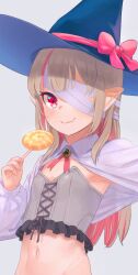 Rule 34 | 1girl, bandage over one eye, blonde hair, blush, bow, candy, fang, food, grey background, hat, hat bow, highres, holding, holding candy, holding food, holding lollipop, lollipop, long hair, long sleeves, looking at viewer, makaino ririmu, multicolored hair, navel, nijisanji, pink bow, pink hair, pointy ears, purple shrug, red eyes, sabamen, shrug (clothing), simple background, skin fang, smile, solo, streaked hair, swirl lollipop, virtual youtuber, witch hat
