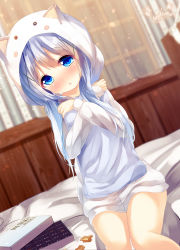 Rule 34 | 1girl, animal ears, animal hood, blue eyes, blue hair, blurry, blurry background, blush, cat ears, cat hood, chestnut mouth, chinomaron, chocolate, collarbone, commentary request, depth of field, drunk, dutch angle, fake animal ears, gochuumon wa usagi desu ka?, hair between eyes, hair ornament, highres, hood, hood up, hooded jacket, indoors, jacket, kafuu chino, long hair, long sleeves, nose blush, hugging object, parted lips, pillow, pillow hug, signature, sitting, sleeves past wrists, solo, very long hair, white jacket, x hair ornament