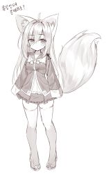 Rule 34 | 1girl, absurdres, ahoge, animal ear fluff, animal ears, blush, breasts, closed mouth, collarbone, commentary request, dress, flower knot, fox ears, fox girl, fox tail, full body, greyscale, hair between eyes, highres, korean text, long hair, long sleeves, looking at viewer, monochrome, original, pigeon-toed, pleated dress, sailor dress, shoes, sidelocks, sleeves past fingers, sleeves past wrists, small breasts, solo, tail, tail raised, tandohark, thighhighs, translation request, very long hair