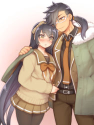 Rule 34 | 1boy, 1girl, bad id, bad pixiv id, belt, bespectacled, black hair, black pantyhose, black shirt, bow, brown bow, brown pants, brown sailor collar, brown skirt, closed mouth, coat, contemporary, cowboy shot, folks (nabokof), glasses, green coat, hair bow, hair over one eye, hand on another&#039;s shoulder, long hair, looking at another, necktie, orange bow, orange neckwear, pants, pantyhose, pleated skirt, ponytail, rokurou rangetsu, sailor collar, shirt, skirt, smile, standing, sweater, tales of (series), tales of berseria, velvet crowe, very long hair, yellow eyes, yellow sweater
