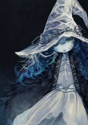 Rule 34 | 1girl, blue hair, blue skin, cloak, coat, colored skin, crack, cracked skin, dress, elden ring, extra arms, extra faces, fur cloak, fur coat, green eyes, hat, highres, long hair, looking at viewer, one eye closed, ranni the witch, ruu bot, wavy hair, white dress, witch hat