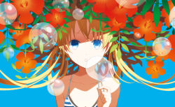 Rule 34 | 1girl, bikini, blonde hair, blue background, blue eyes, bubble, day, flower, hat, ing (artist), long hair, original, outdoors, plant, shaded face, simple background, solo, straw hat, striped bikini, striped clothes, summer, swimsuit, twintails