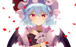 Rule 34 | 1girl, bat wings, blue hair, blush, book, closed mouth, collared shirt, falling petals, frilled shirt collar, frills, hair between eyes, hat, hat ribbon, highres, holding, holding book, looking at viewer, medium hair, mob cap, petals, pink hat, pink shirt, puffy short sleeves, puffy sleeves, red eyes, red ribbon, remilia scarlet, ribbon, shirt, short sleeves, simple background, smile, solo, straight-on, touhou, tsurime, white background, wings, wrist cuffs, yuki (popopo)