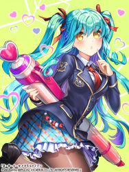 Rule 34 | 1girl, :o, blue hair, blue skirt, blush, character request, checkered clothes, checkered skirt, esphy, frilled skirt, frills, heart, hen-shin-shou-jo metamol maiden, jacket, long hair, long sleeves, necktie, pantyhose, pencil, school uniform, shoes, skirt, solo, twintails, two side up, yellow eyes