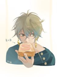 Rule 34 | 1boy, blue hair, bread, bread slice, chinese commentary, chinese text, commentary request, earrings, eating, food, hair between eyes, holding, ike eveland, jewelry, male focus, multicolored hair, nijisanji, nijisanji en, niz niz niz, short hair, solo, toast, translation request, upper body, virtual youtuber, yellow eyes