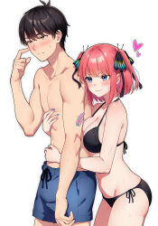 Rule 34 | 1boy, 1girl, :3, abs, absurdres, alternate costume, antenna hair, arms around waist, assertive female, bare arms, bikini, black bikini, black hair, black ribbon, blue eyes, blue male swimwear, blue nails, blunt bangs, blush, bob cut, breasts, butterfly hair ornament, cleavage, closed mouth, commentary, cowboy shot, curvy, embarrassed, emphasis lines, eyelashes, eyes visible through hair, frown, go-toubun no hanayome, gradient nails, hair ornament, hair ribbon, halterneck, hand up, heart, hetero, highres, hug, hug from behind, kurosaki coco, large breasts, male swimwear, motion lines, nail polish, nakano nino, nose, nose blush, pink hair, ribbon, scratching cheek, short hair, side-tie bikini bottom, sidelocks, smile, standing, sweat, swim trunks, swimsuit, tsurime, two side up, uesugi fuutarou, v-shaped eyebrows, white background