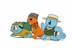 Rule 34 | beanie, bright pupils, brown headwear, bulbasaur, charmander, closed mouth, clothed pokemon, commentary, creatures (company), do9bessa, english commentary, fang, fang out, game freak, gen 1 pokemon, goggles, green vest, grey shirt, hat, clothed pokemon, nintendo, no humans, plaid, plaid scarf, pokemon, pokemon (creature), red eyes, scarf, shirt, smile, squirtle, standing, toes, vest, white pupils
