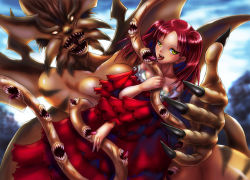 Rule 34 | 1girl, bare shoulders, boken fantasy, claws, claymore (series), dress, frills, luciela, red hair, saliva, solo, tentacles, twintails, yellow eyes