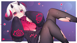 Rule 34 | 1girl, ahoge, bare shoulders, black horns, black pantyhose, border, bow, breasts, closed mouth, clothing request, commentary, english commentary, grey hair, hair between eyes, horns, long sleeves, looking at viewer, medium breasts, medium hair, multiple horns, nano (nanoless), nanoless, original, pantyhose, puffy long sleeves, puffy sleeves, red bow, red eyes, red horns, sleeves past fingers, sleeves past wrists, smile, solo, star (symbol), sweater, torn clothes, torn pantyhose, virtual youtuber, wavy mouth, white border, white hair