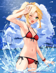 Rule 34 | 1girl, armpits, bikini, blonde hair, blue eyes, blush, breasts, collarbone, fate/grand order, fate (series), highres, long hair, mordred (fate), mordred (fate) (all), mordred (swimsuit rider) (fate), mordred (swimsuit rider) (first ascension) (fate), navel, ocean, open mouth, outdoors, ponytail, red bikini, rizu033, small breasts, smile, solo, stomach, swimsuit, water, wet