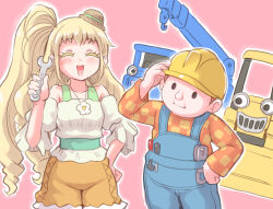 Rule 34 | 1boy, 1girl, blonde hair, blue overalls, bob (bob the builder), bob the builder, commentary request, crane (machine), hard hat, hat, helmet, highres, holding, holding wrench, long hair, looking at viewer, mechanic, minamoto (genyayamjp), open mouth, orange hat, overalls, simple background, smile, toon (style), wrench