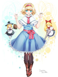 Rule 34 | 1girl, alice margatroid, apron, arms up, artist name, black pantyhose, black skirt, black vest, blonde hair, blue background, blue dress, blue eyes, blush stickers, boots, bow, broom, brown footwear, capelet, character doll, colored eyelashes, commentary request, dated, dress, floating, full body, furim, hair bow, hair intakes, hairband, hat, highres, holding, holding broom, jewelry, kirisame marisa, lance, lolita hairband, long hair, looking at viewer, multicolored background, neck ribbon, pantyhose, partial commentary, polearm, puppet rings, puppet strings, red ribbon, ribbon, ring, sash, shanghai doll, short hair, skirt, solo, teeth, touhou, upper teeth only, very long hair, vest, waist apron, weapon, white background, white capelet, white footwear, witch hat, yellow background