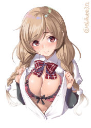 Rule 34 | 1girl, arm warmers, blush, bow, bowtie, bra, breasts, buttons, cropped torso, ebifurya, highres, kantai collection, large breasts, light brown hair, long hair, minegumo (kancolle), navel, open clothes, open shirt, pink bra, red bow, red bowtie, red eyes, shirt, simple background, solo, twintails, twitter username, underwear, white background, white shirt