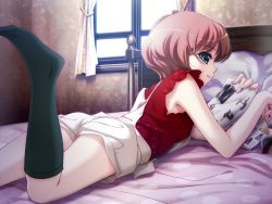 Rule 34 | 1girl, aqua eyes, ass, bed, bed sheet, bob cut, brown hair, curtains, eating, food, game cg, hell guide, indoors, kiriyama mai, kneehighs, lying, m no violet, on stomach, overalls, pillow, reading, short hair, socks, solo, window