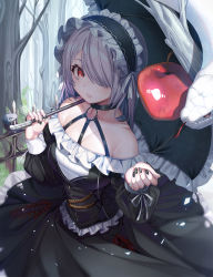 Rule 34 | 1girl, apple, bare shoulders, black dress, black nails, blush, breasts, cleavage, collarbone, copyright request, dress, food, frilled dress, frilled umbrella, frills, fruit, grey hair, hair over one eye, highres, large breasts, long dress, looking at viewer, maid, maid headdress, nail art, nail polish, o-ring, outdoors, parted lips, plant, red eyes, ribbon, short hair, snake, solo, suigetsu (hjs1106), tree, umbrella, white ribbon